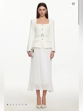 NEW- White Pleated Midi Dress with Square Neck and Jewel Buttons and belt